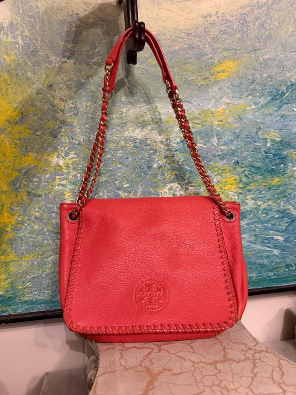 Tory Burch Marion Samba/Peach Leather Whipstitch Chain-Handle Shoulder Bag